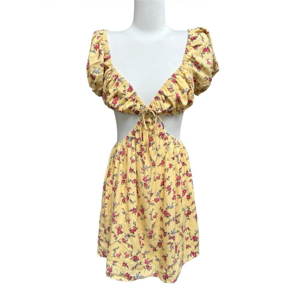 Forever 21 Yellow Floral Cut Out Sides Open Back Dress Sz S Puff Slv Linen Blend
